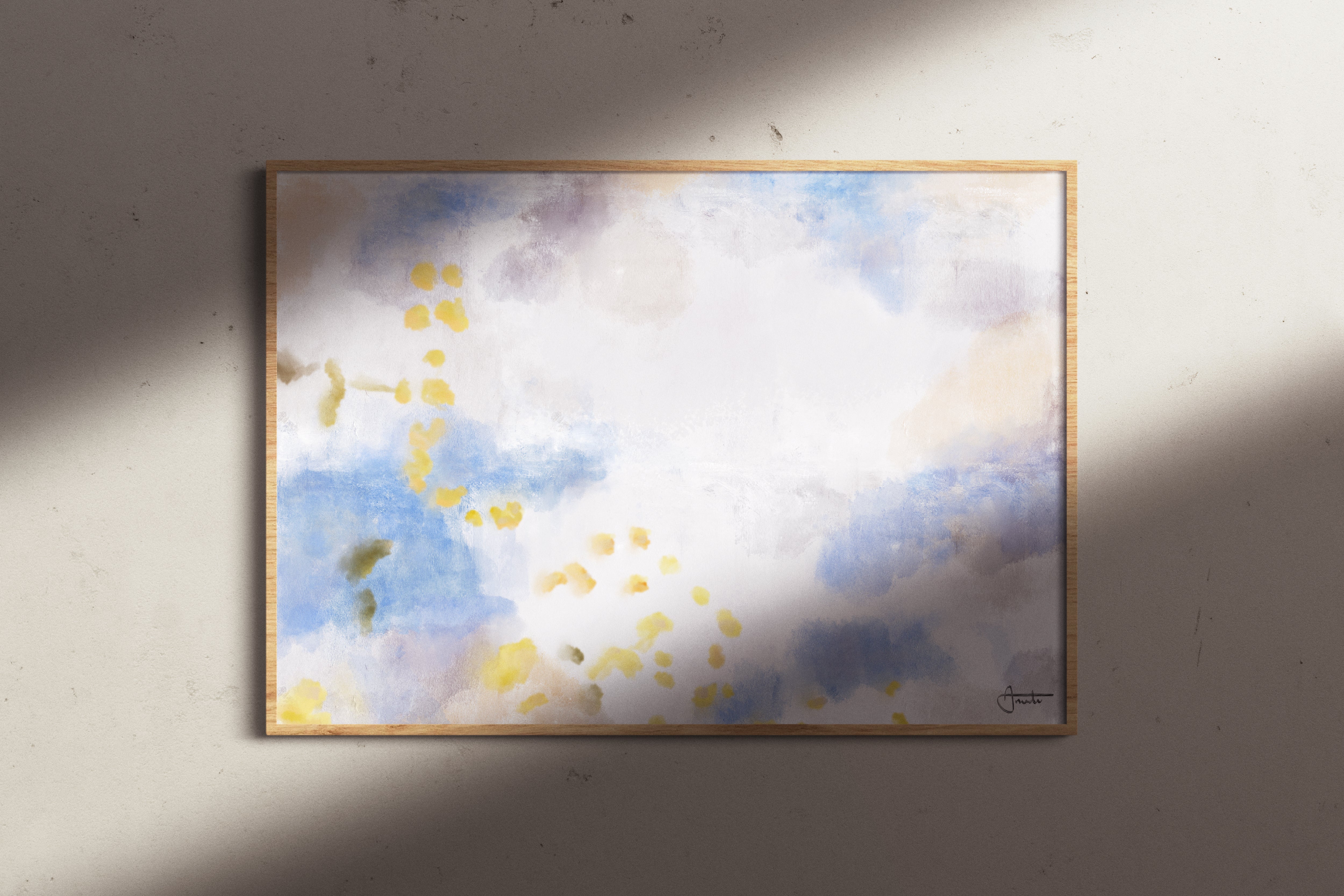 A Study in Gold luxury modern abstract art print – museum-quality framed artwork for contemporary interiors. Shown as an oak wood framed print on a white wall with shadows.