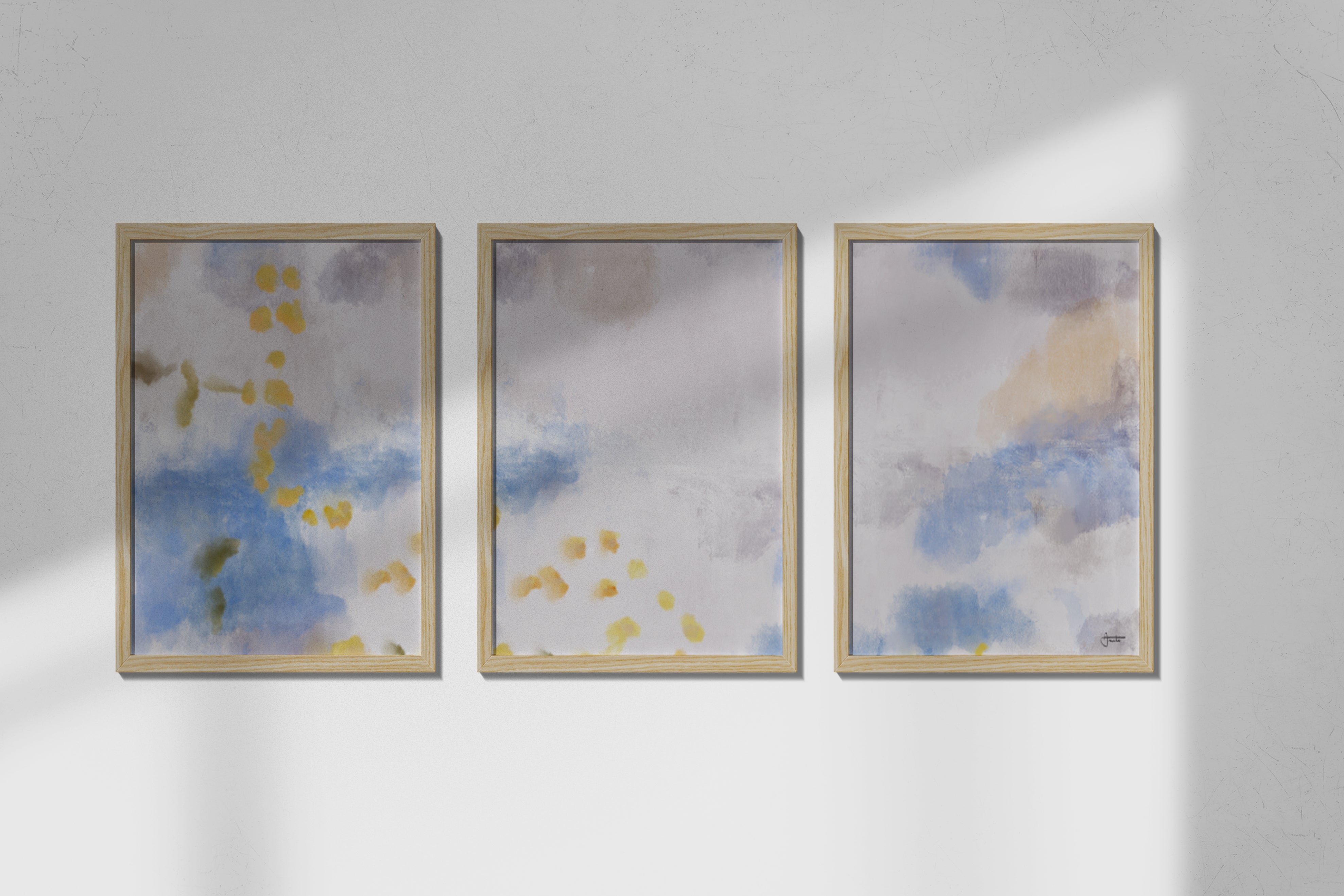 A Study in Gold luxury modern abstract art print – museum-quality framed artwork for contemporary interiors. Shown as a triptych set of 3 oak wood framed prints on a white wall with shadows.
