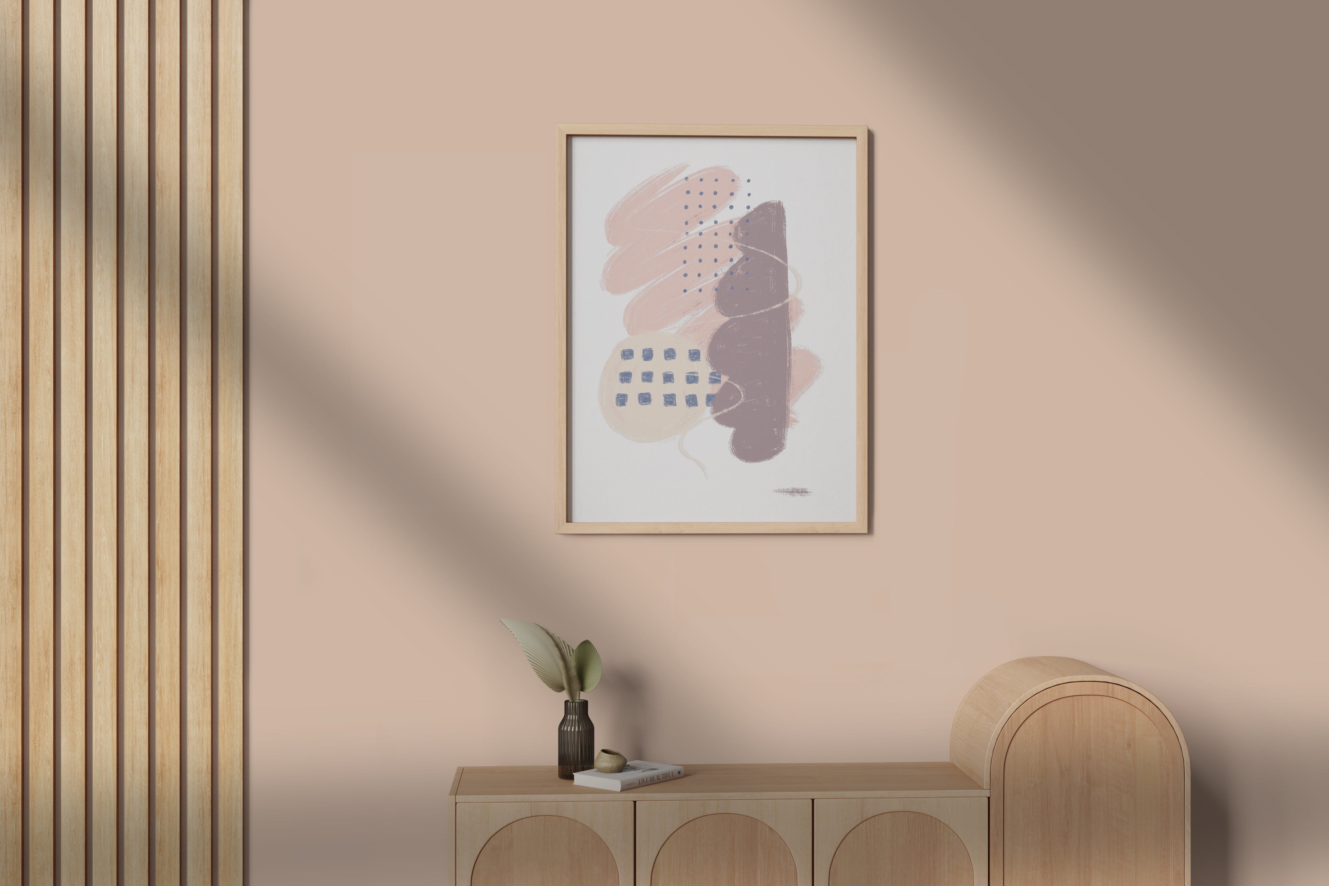 A Study in Pink 2 luxury modern abstract art print – museum-quality framed artwork. Shown on a wooden cabinet on soft pink wall with shadows.
