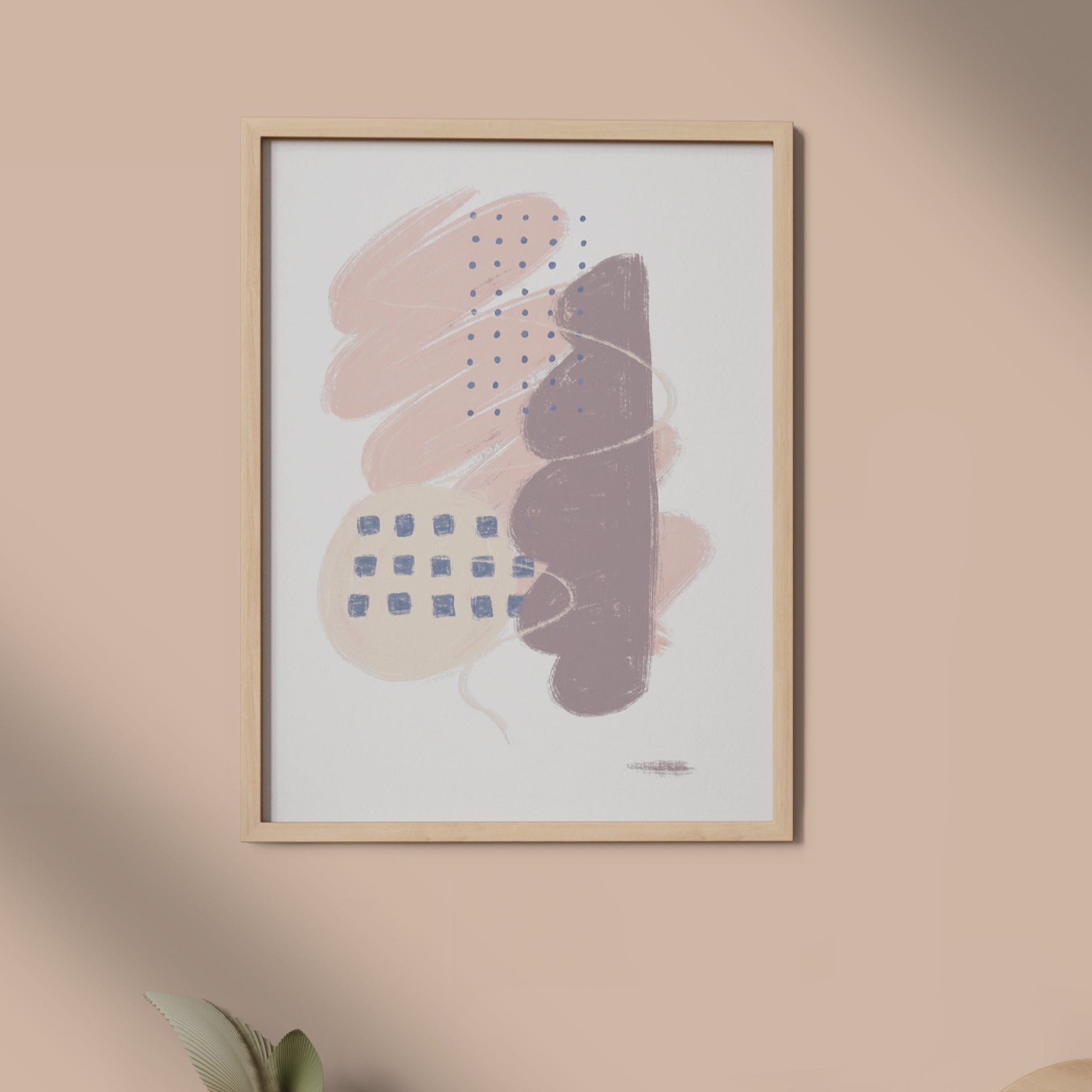 A Study in Pink 2 luxury modern abstract art print – museum-quality framed artwork. Shown on a wooden cabinet on soft pink wall with shadows.