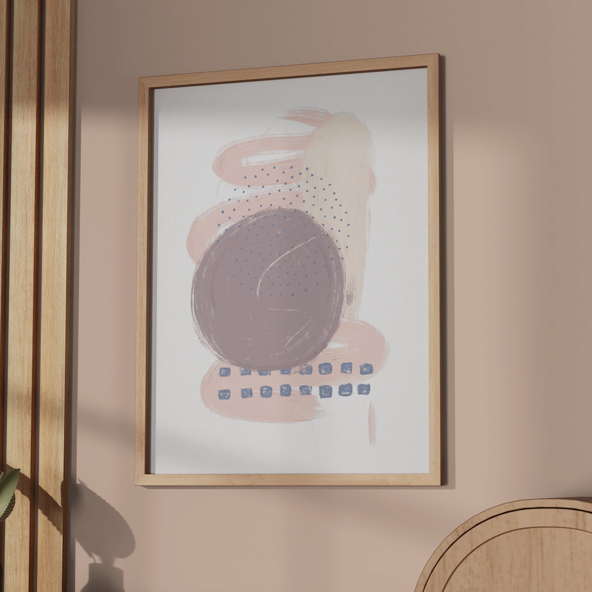 A Study in Pink 3 luxury modern abstract art print – museum-quality framed artwork. Shown on a wooden cabinet on soft pink wall with shadows.