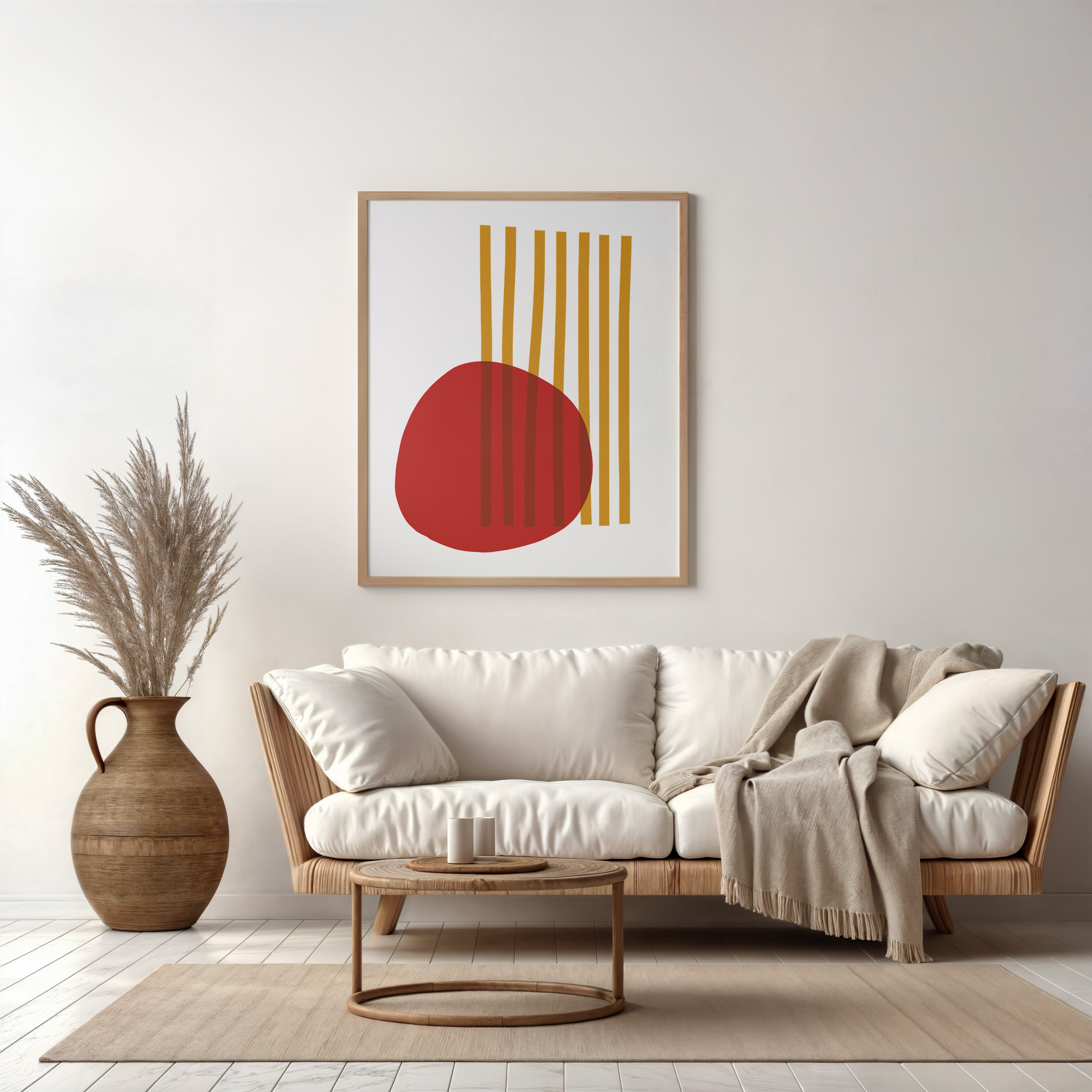 Explore gallery grade art prints by space appropriate application. Abstract art prints for living rooms, bedrooms, bathrooms, foyers, and offices. Shown as an oak wood frame in living room with couch and plant