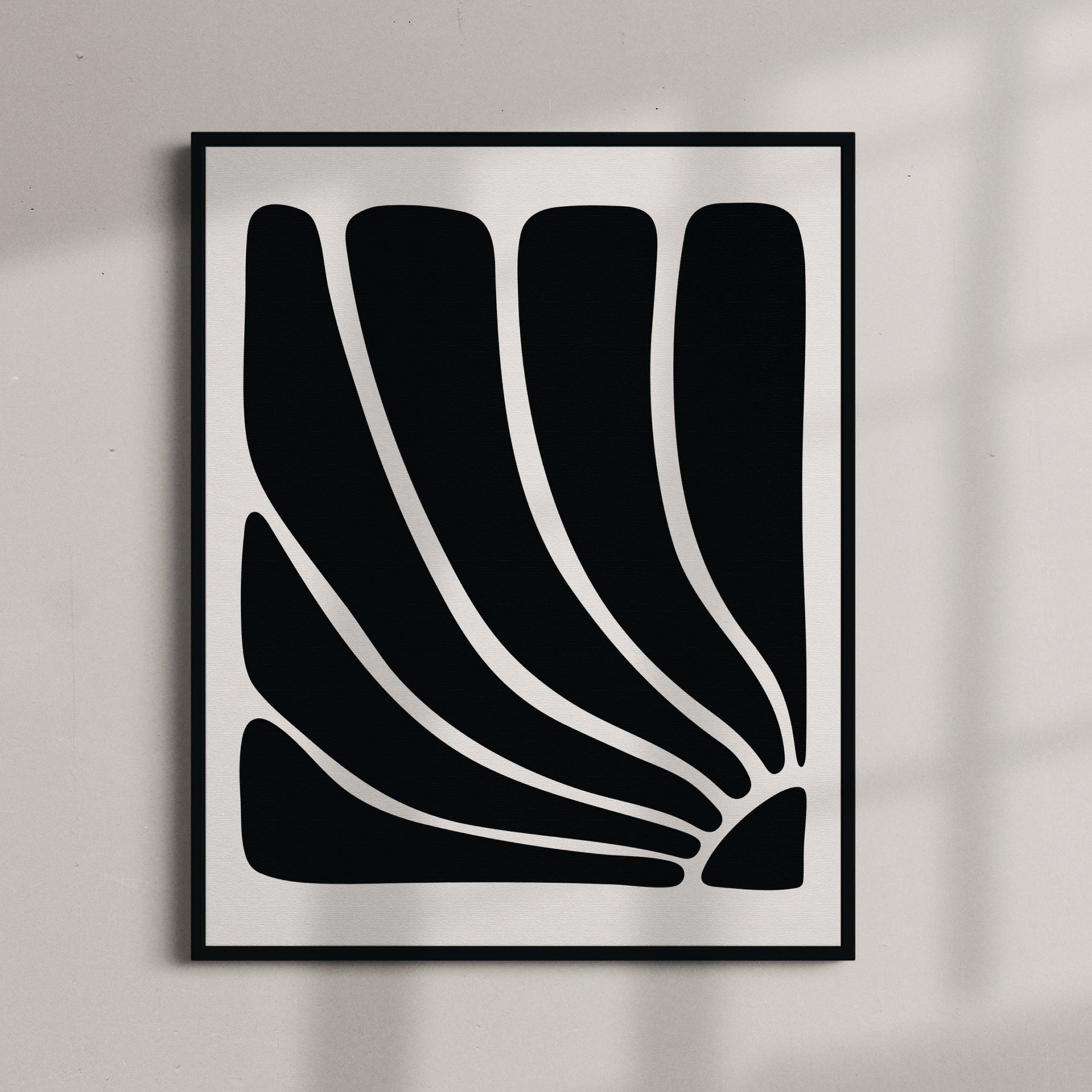 Shamaswad 2 – Minimalist abstract art print in black and white, museum-quality framed artwork. Shown as individual print in black frame on white wall with overlaying shadows.