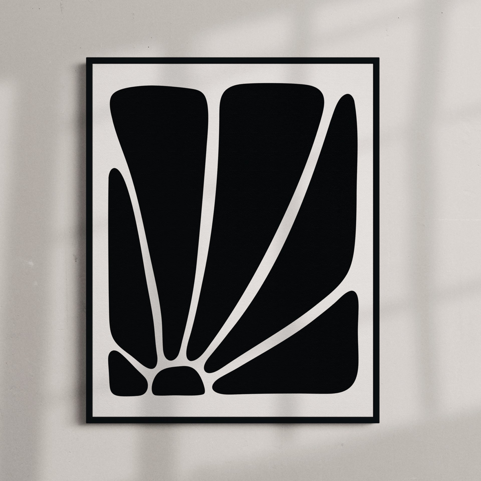 Shamaswad 3 – Minimalist abstract art print in black and white, museum-quality framed artwork. Shown as individual print in black frame on white wall with overlaying shadows.