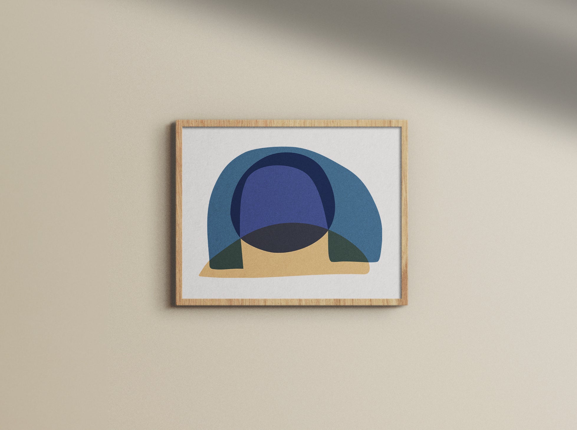 A Study in Blue 2 - modern abstract art print at museum-quality framed artwork standards for contemporary interiors. Shown as a framed print hanging on a light beige wall above brown couch.