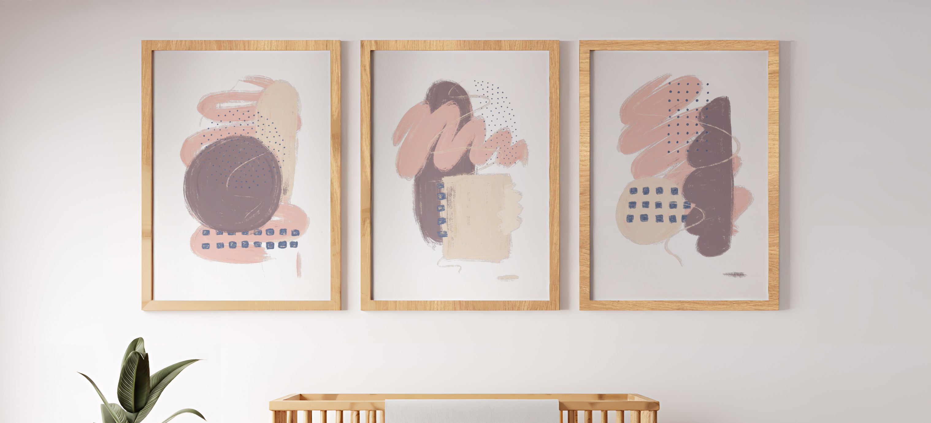 A Study in Pink triptych framed fine art print set, featuring delicate pink hues and organic forms, printed on museum-quality paper and framed in white, ready to hang.