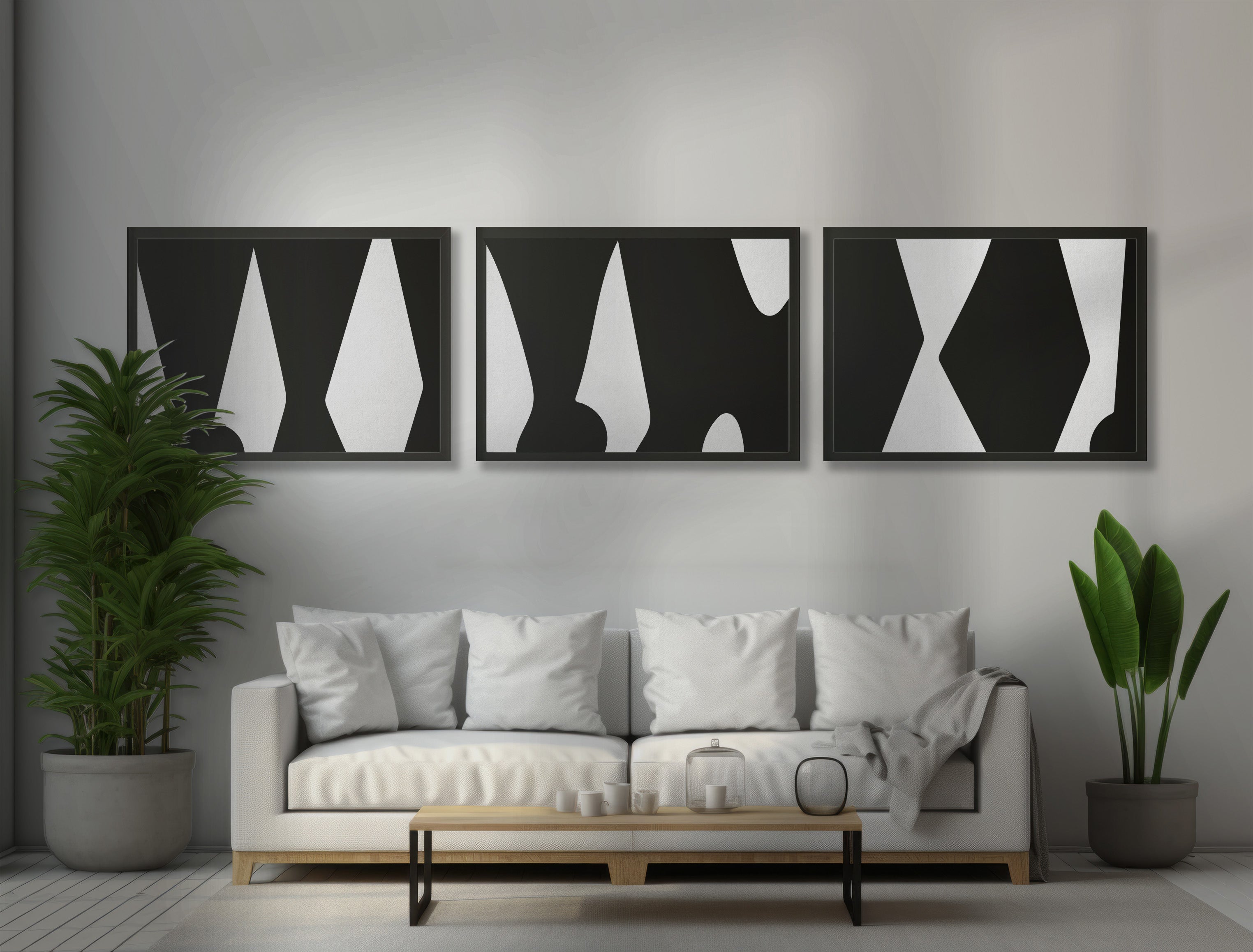 Tihya Triptych – framed black and white abstract wall art set with bold shapes in minimalist black wood frames